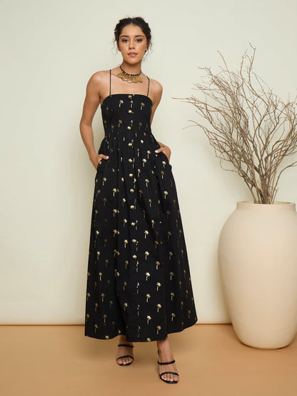 Women Black Foil Print Strappy Front Button Maxi Dress
