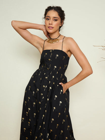 Women Black Foil Print Strappy Front Button Maxi Dress