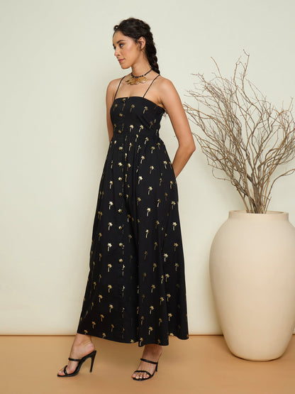 Women Black Foil Print Strappy Front Button Maxi Dress