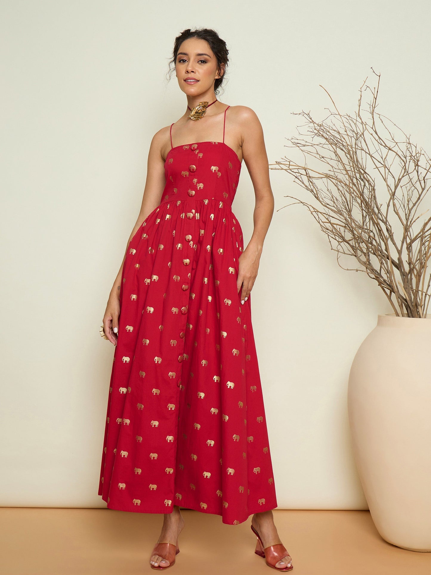 Women Fuchsia Foil Print Strappy Front Button Maxi Dress