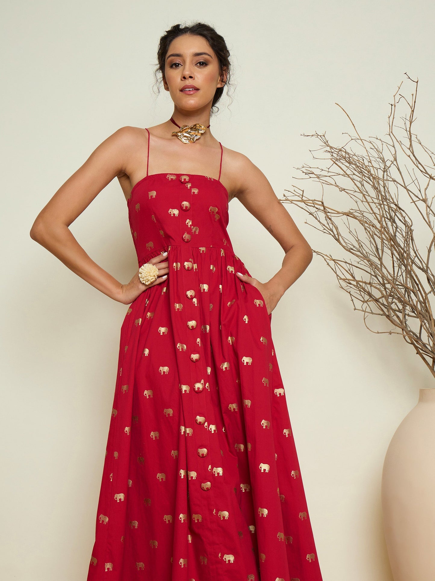 Women Fuchsia Foil Print Strappy Front Button Maxi Dress