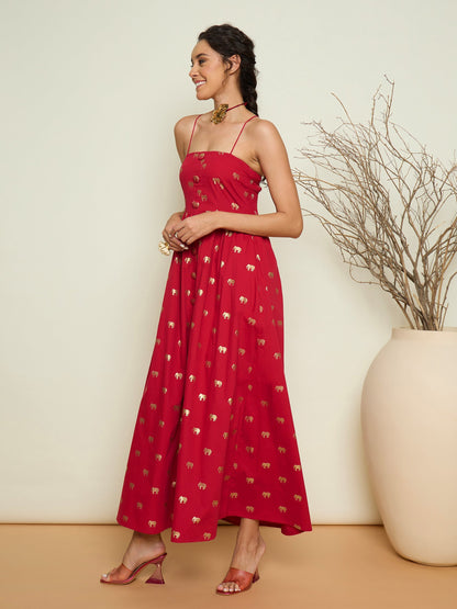 Women Fuchsia Foil Print Strappy Front Button Maxi Dress