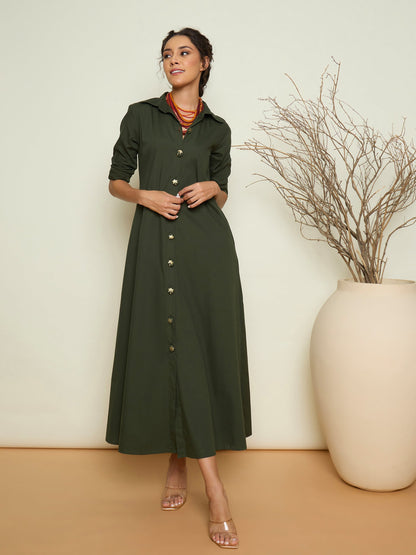 Women Olive Foil Print Longline Shirt Dress