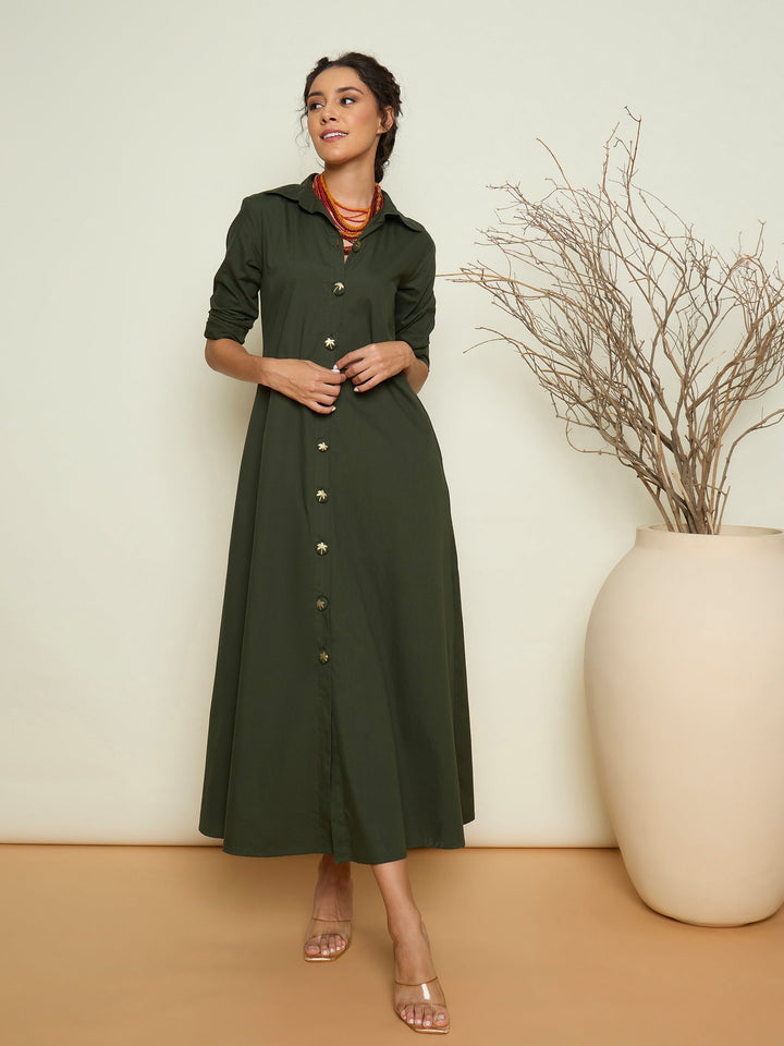 Women Olive Foil Print Longline Shirt Dress