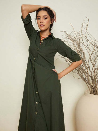Women Olive Foil Print Longline Shirt Dress