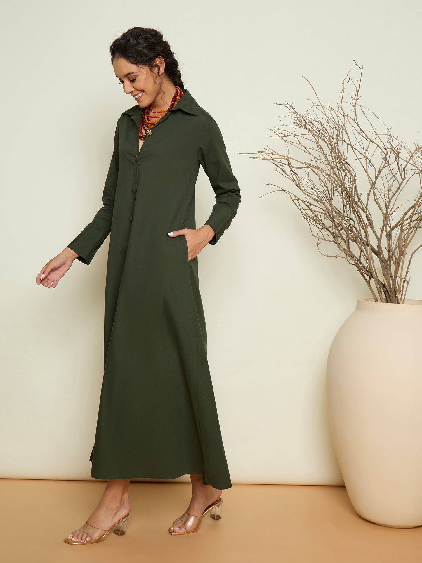 Women Olive Foil Print Longline Shirt Dress