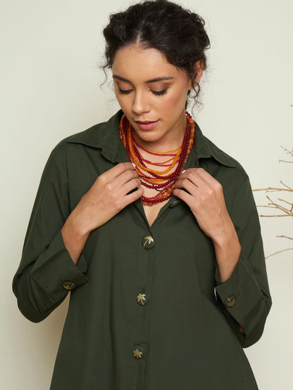 Women Olive Foil Print Longline Shirt Dress