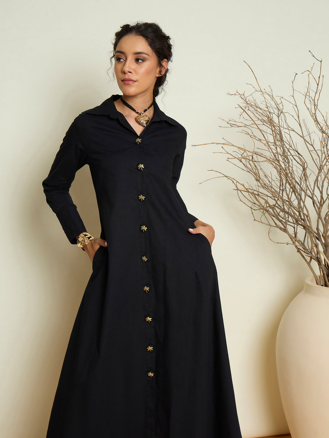 Women Black Foil Print Longline Shirt Dress