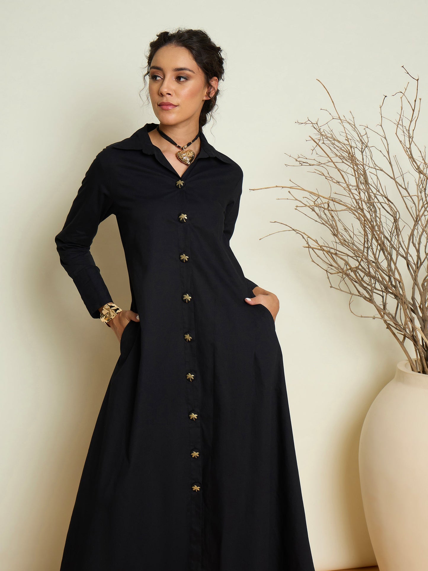 Women Black Foil Print Longline Shirt Dress