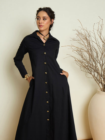 Women Black Foil Print Longline Shirt Dress