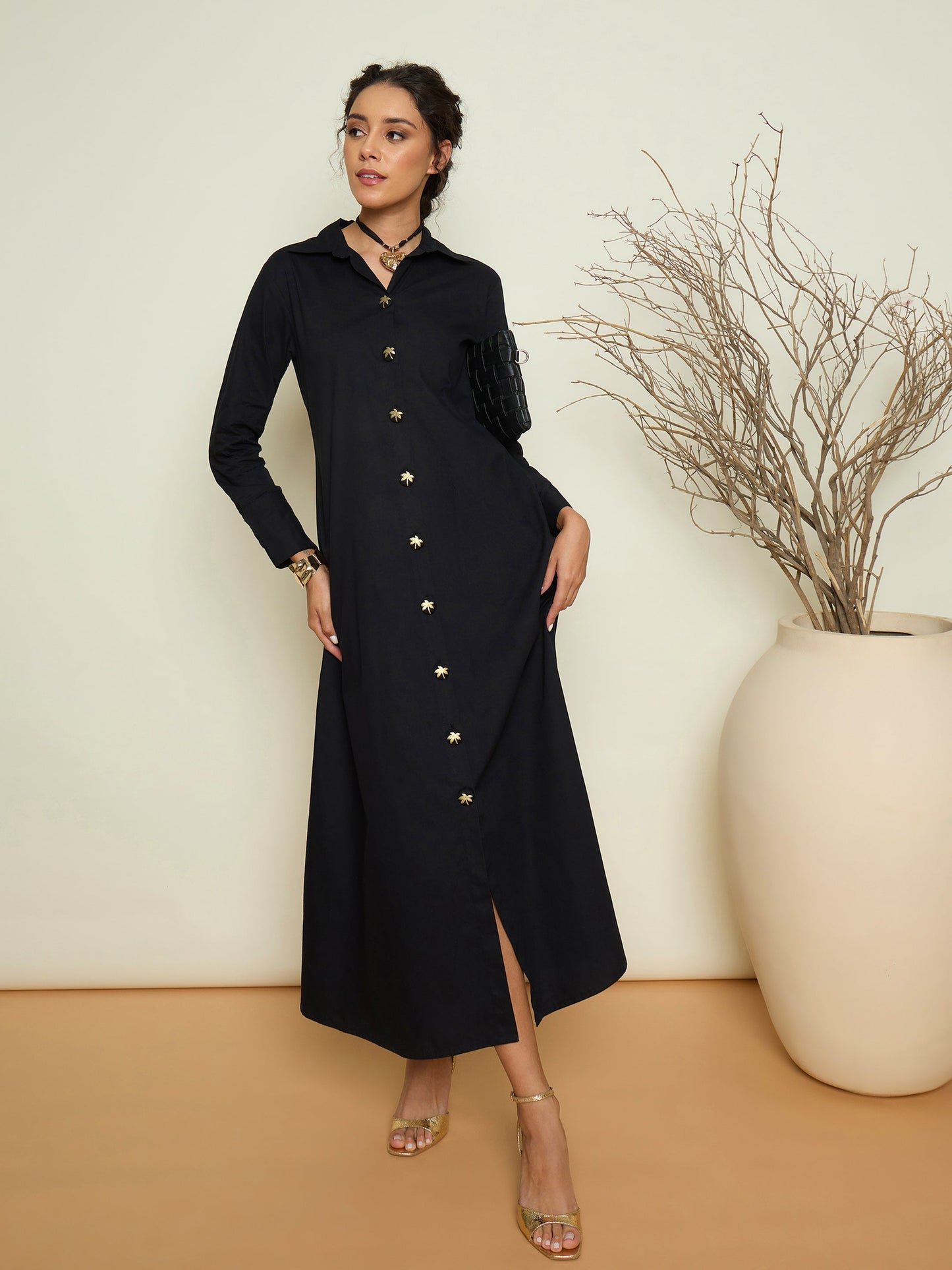 Women Black Foil Print Longline Shirt Dress