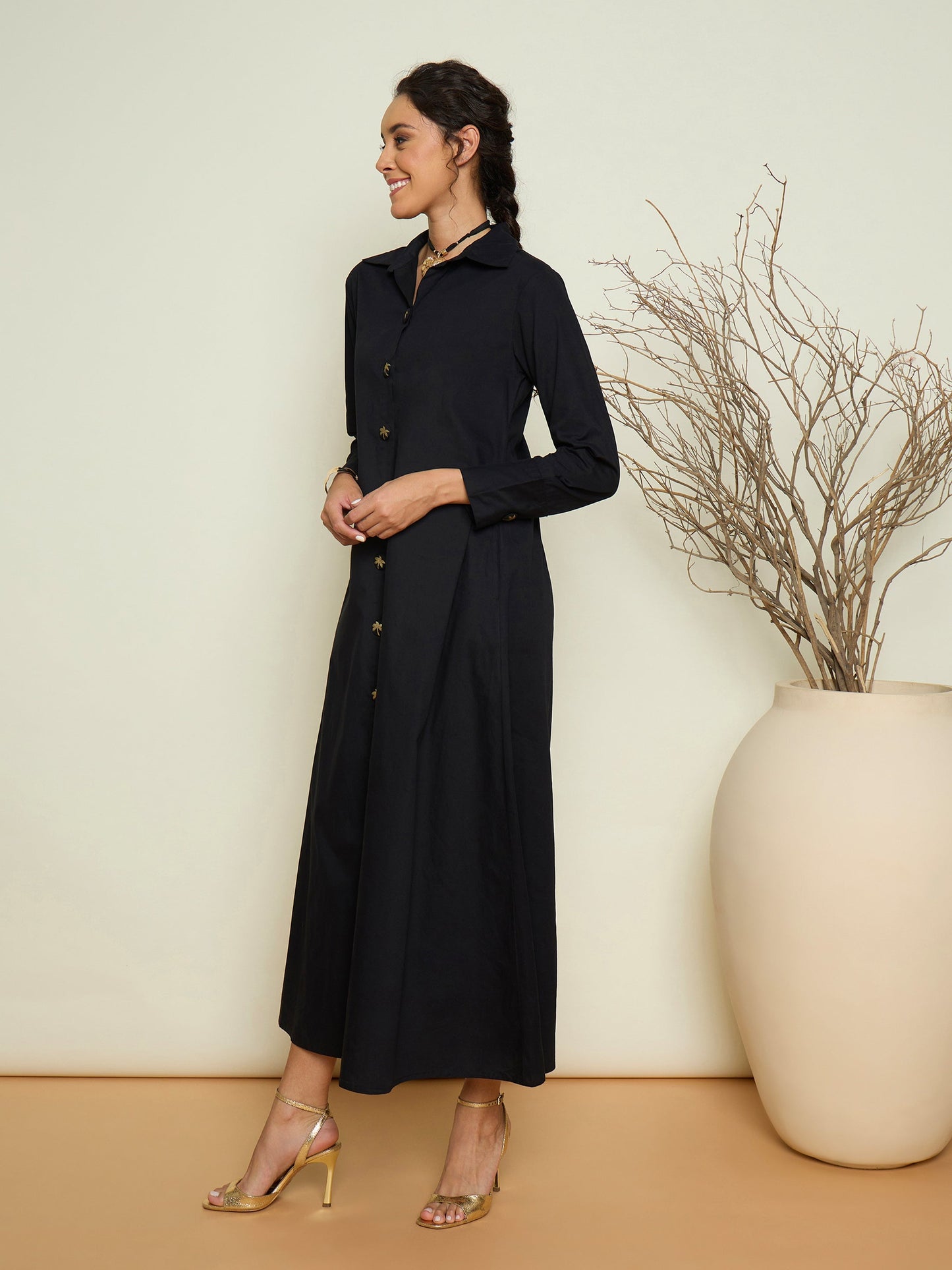 Women Black Foil Print Longline Shirt Dress