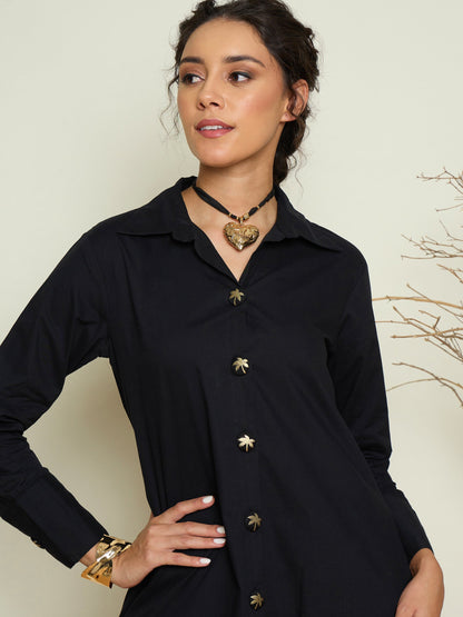 Women Black Foil Print Longline Shirt Dress