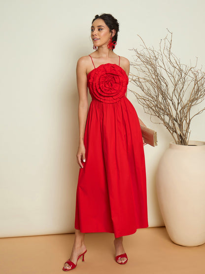 Women Red Poplin Front Corsage Strappy Maxi Dress