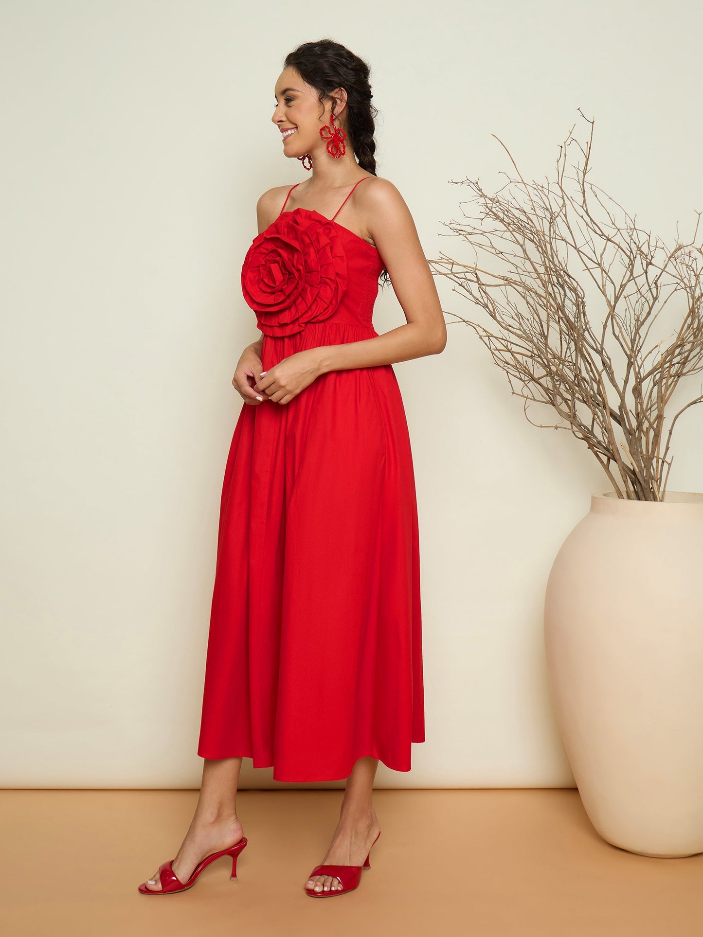 Women Red Poplin Front Corsage Strappy Maxi Dress