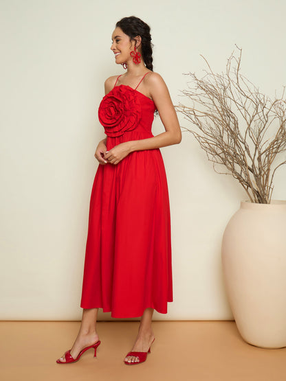 Women Red Poplin Front Corsage Strappy Maxi Dress