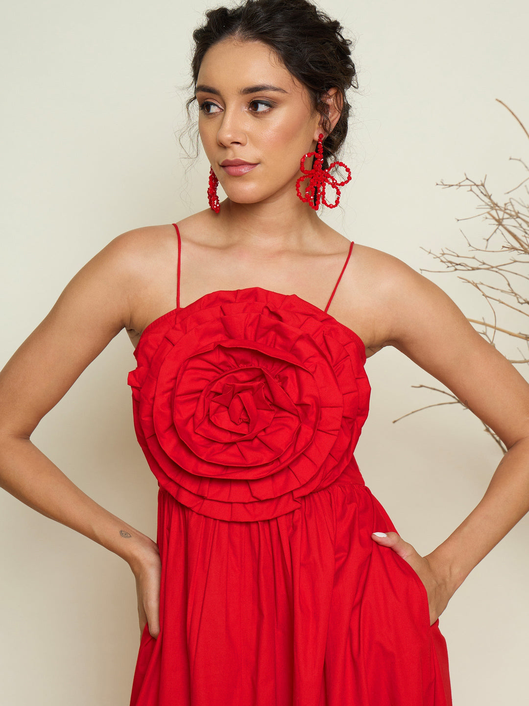 Women Red Poplin Front Corsage Strappy Maxi Dress