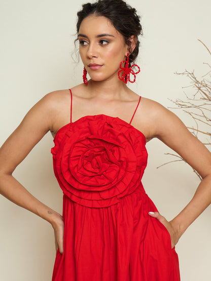 Women Red Poplin Front Corsage Strappy Maxi Dress