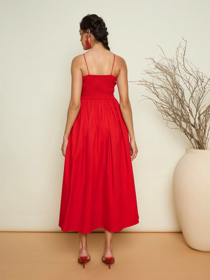 Women Red Poplin Front Corsage Strappy Maxi Dress