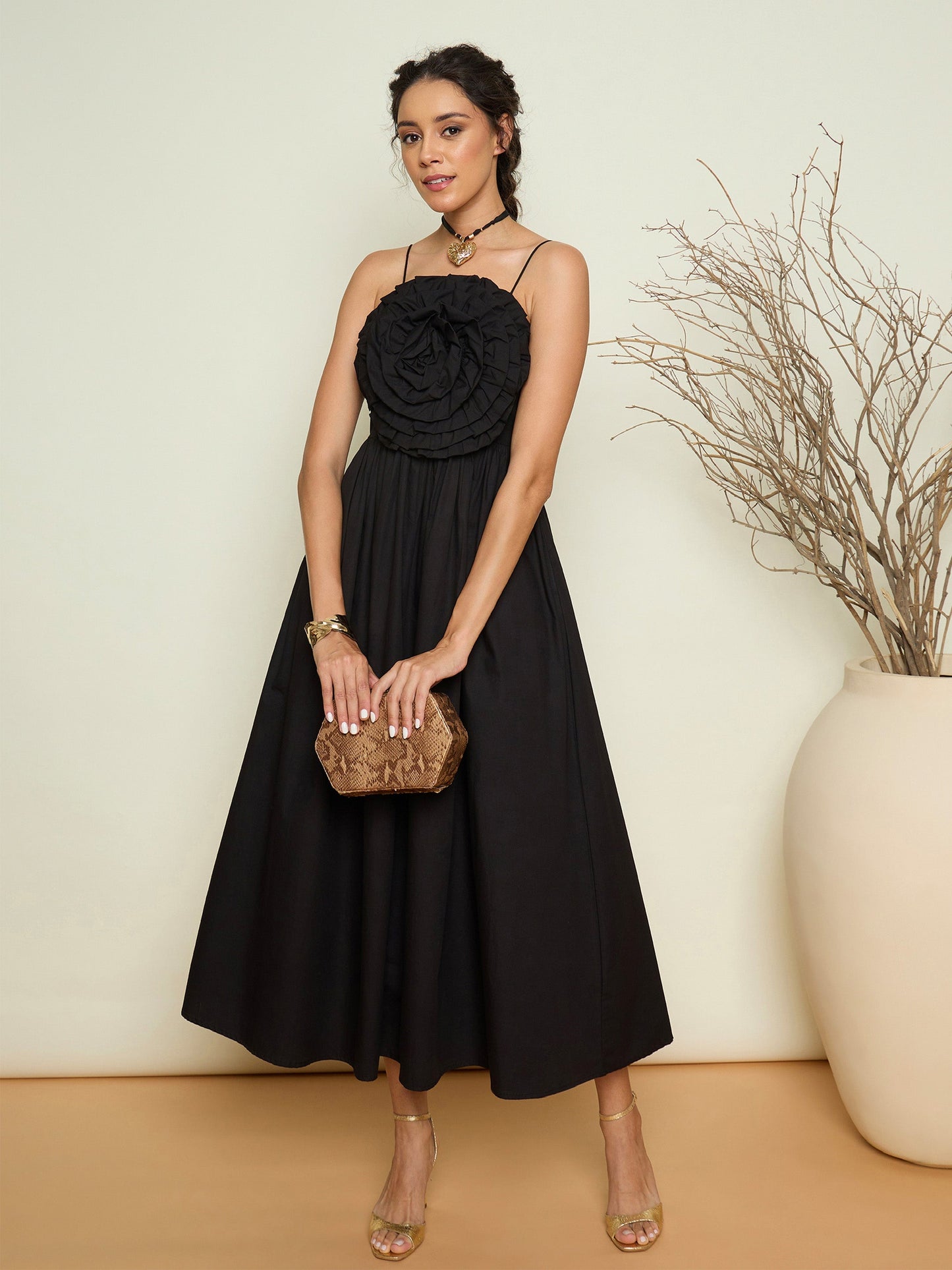 Women Black Poplin Front Corsage Strappy Maxi Dress