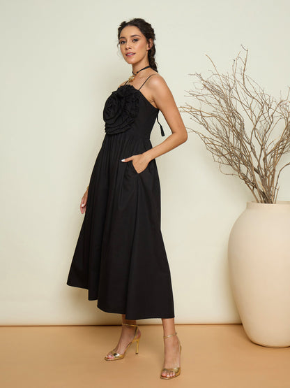 Women Black Poplin Front Corsage Strappy Maxi Dress