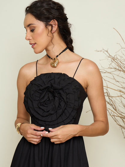 Women Black Poplin Front Corsage Strappy Maxi Dress