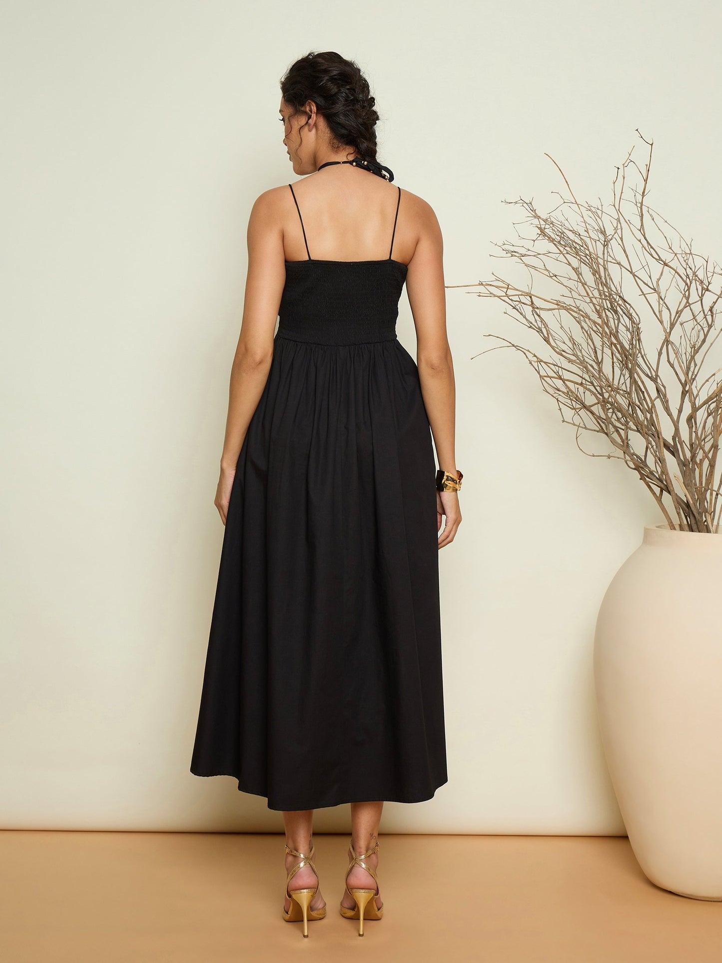 Women Black Poplin Front Corsage Strappy Maxi Dress