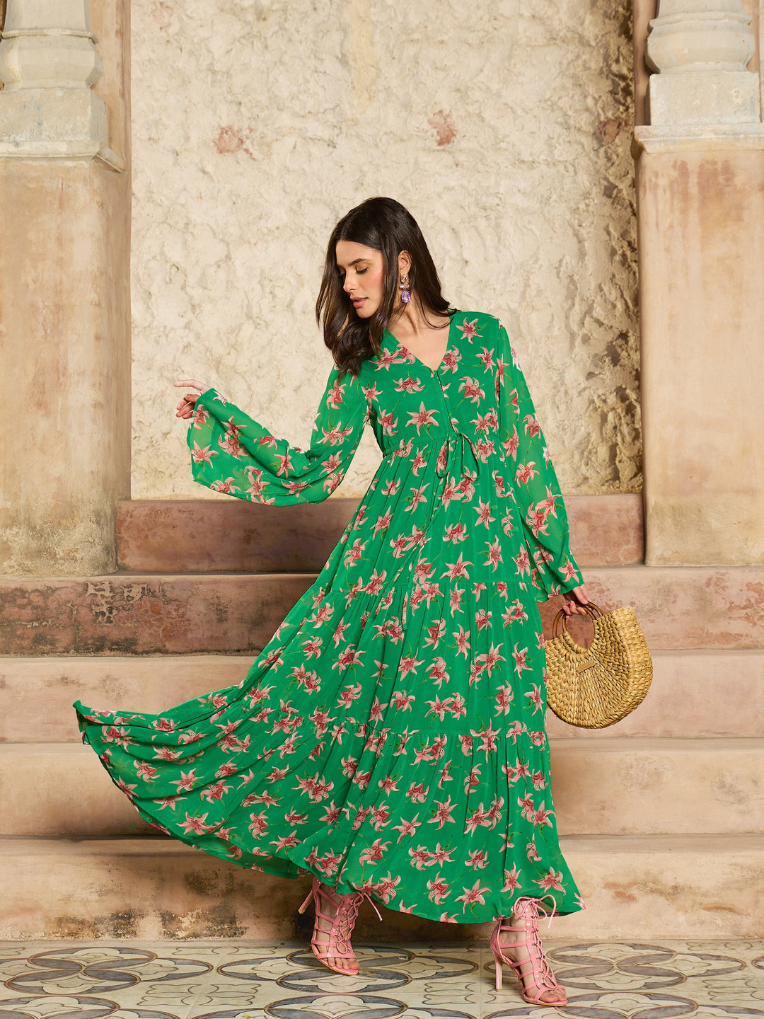 Women Green Floral V-Neck Front Drawstring Maxi Dress