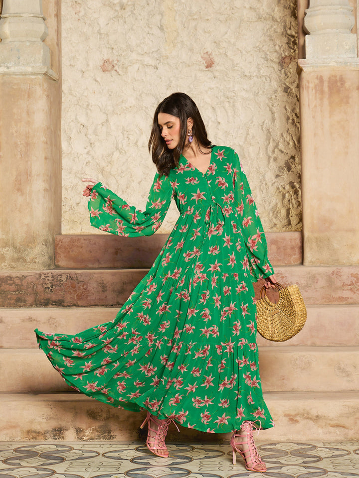 Women Green Floral V-Neck Front Drawstring Maxi Dress