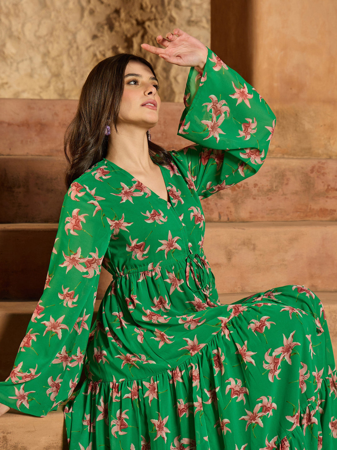 Women Green Floral V-Neck Front Drawstring Maxi Dress