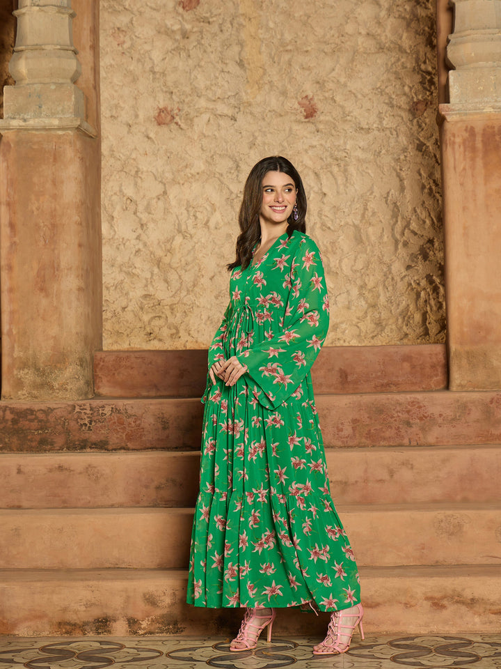 Women Green Floral V-Neck Front Drawstring Maxi Dress