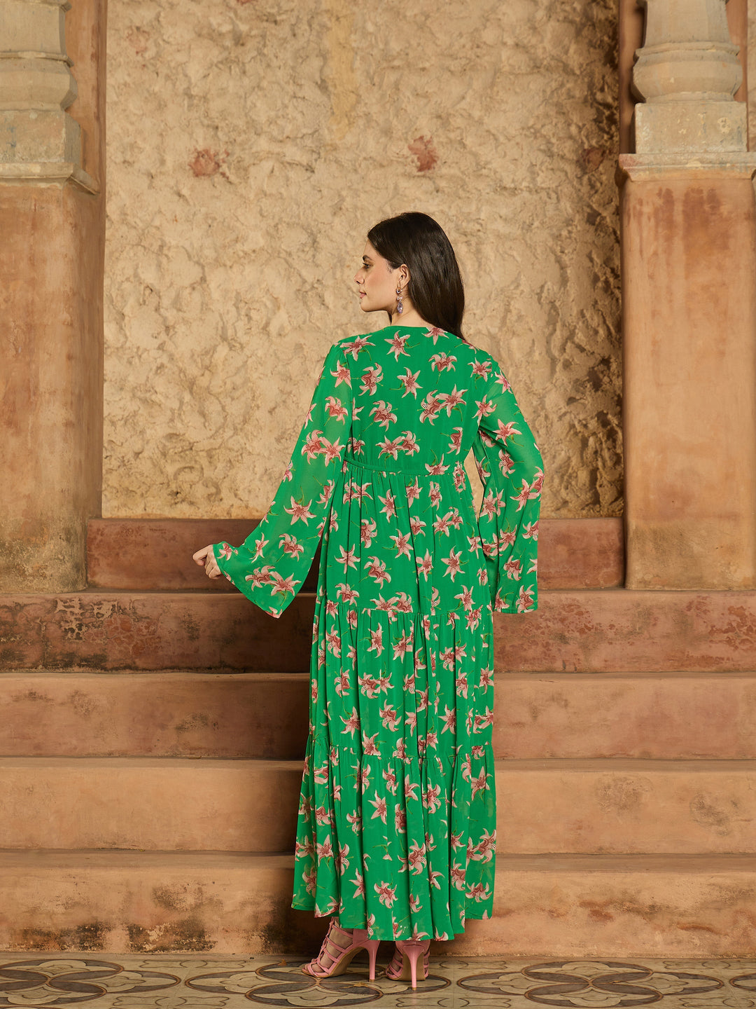 Women Green Floral V-Neck Front Drawstring Maxi Dress