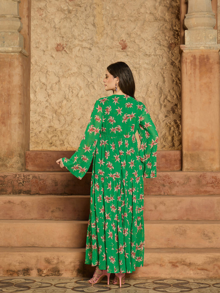 Women Green Floral V-Neck Front Drawstring Maxi Dress