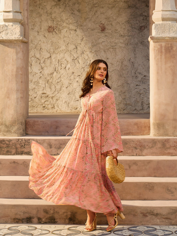 Women Pink Floral V-Neck Front Drawstring Maxi Dress