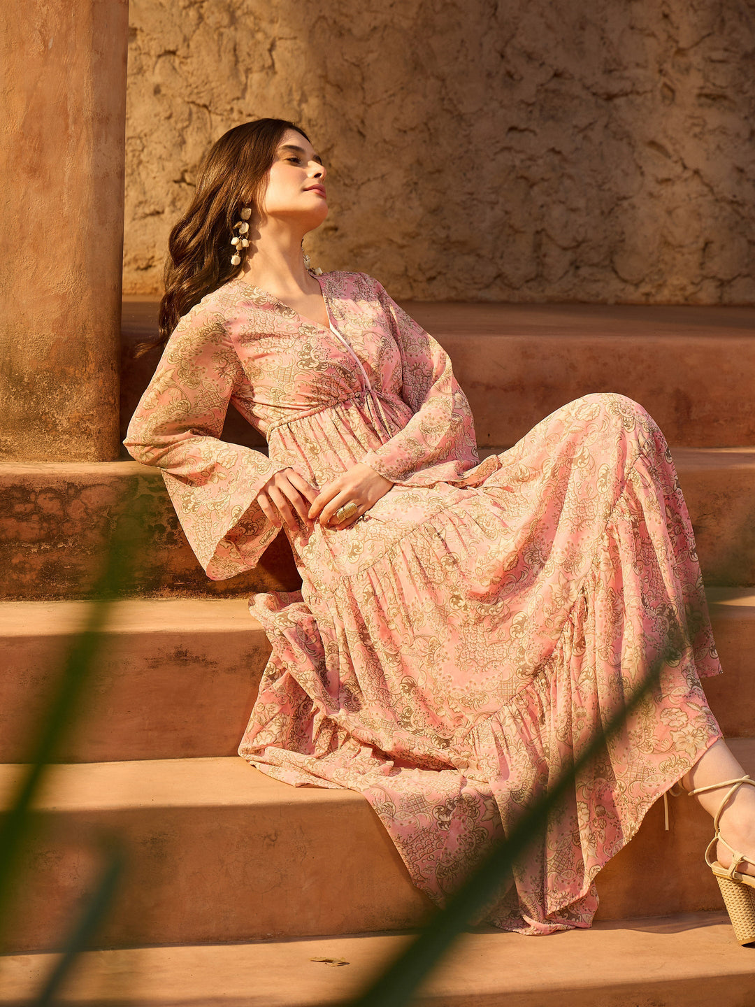 Women Pink Floral V-Neck Front Drawstring Maxi Dress