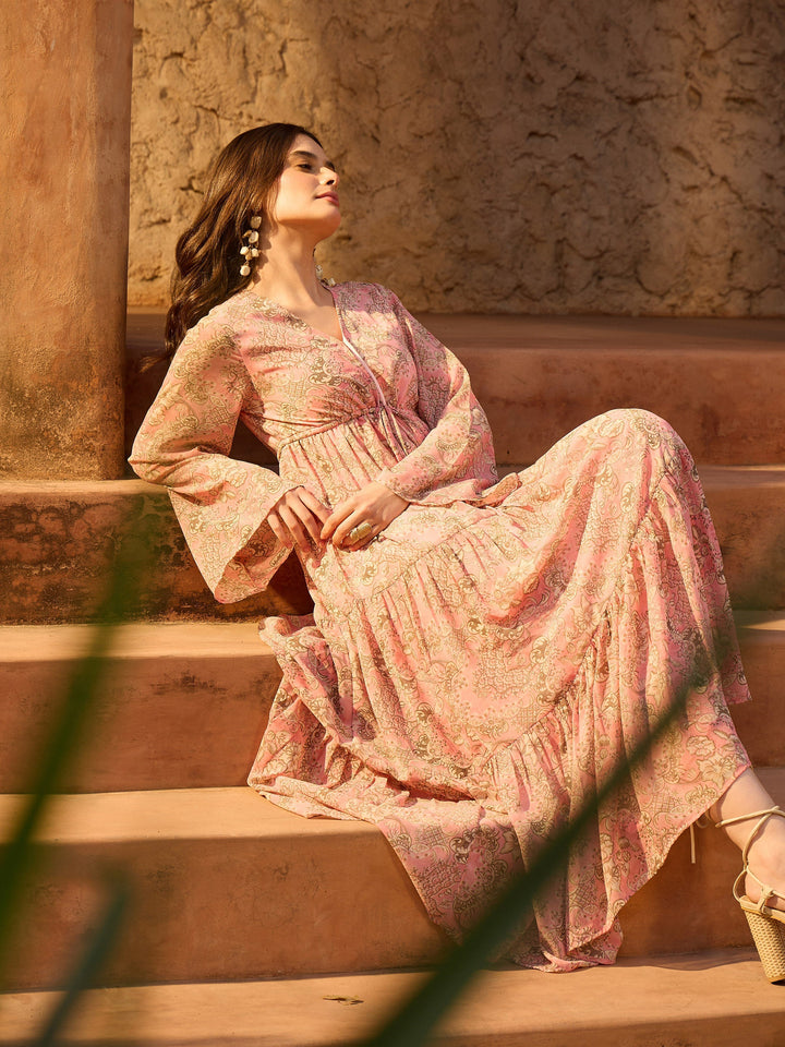 Women Pink Floral V-Neck Front Drawstring Maxi Dress