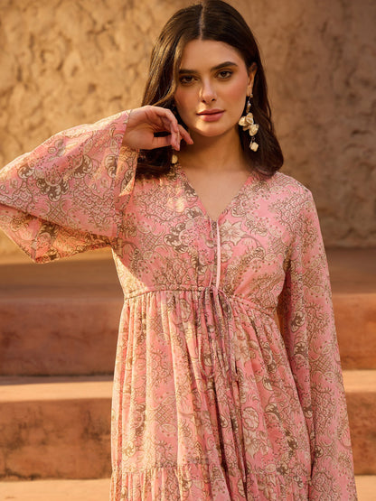 Women Pink Floral V-Neck Front Drawstring Maxi Dress