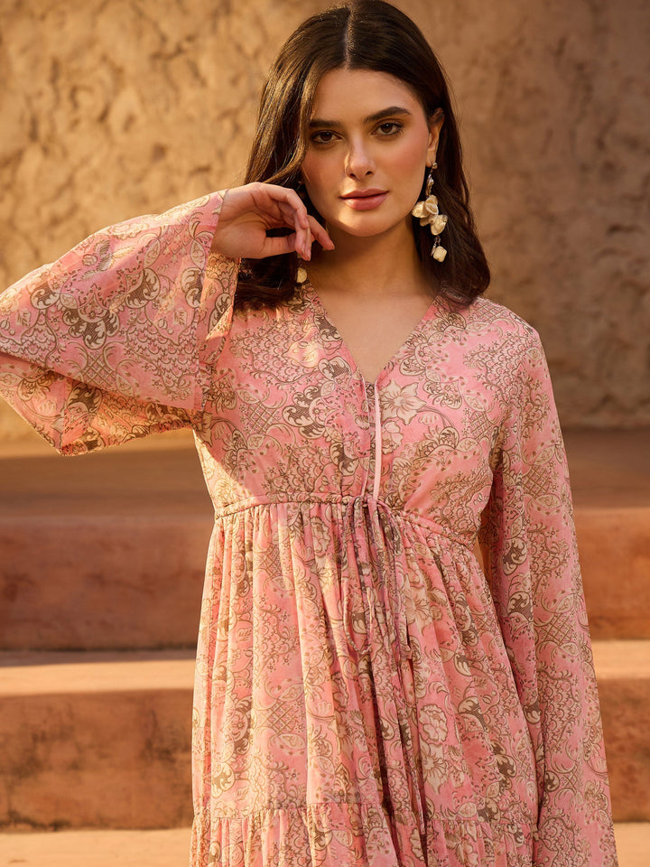 Women Pink Floral V-Neck Front Drawstring Maxi Dress