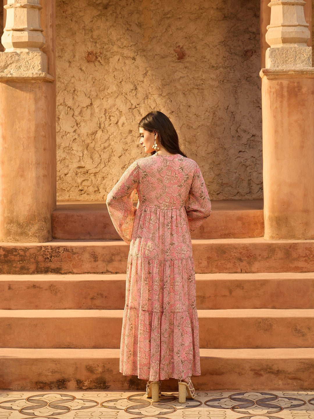 Women Pink Floral V-Neck Front Drawstring Maxi Dress