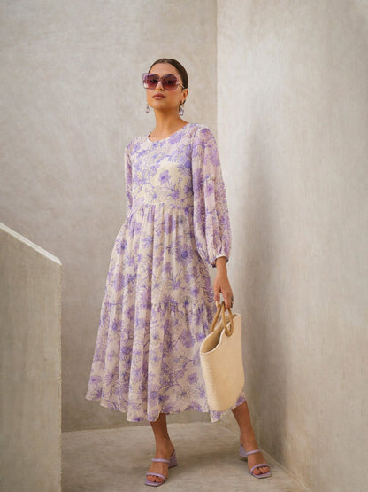 Women White Floral Round Neck Balloon Sleeve Midi Dress