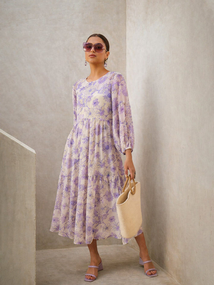 Women White Floral Round Neck Balloon Sleeve Midi Dress