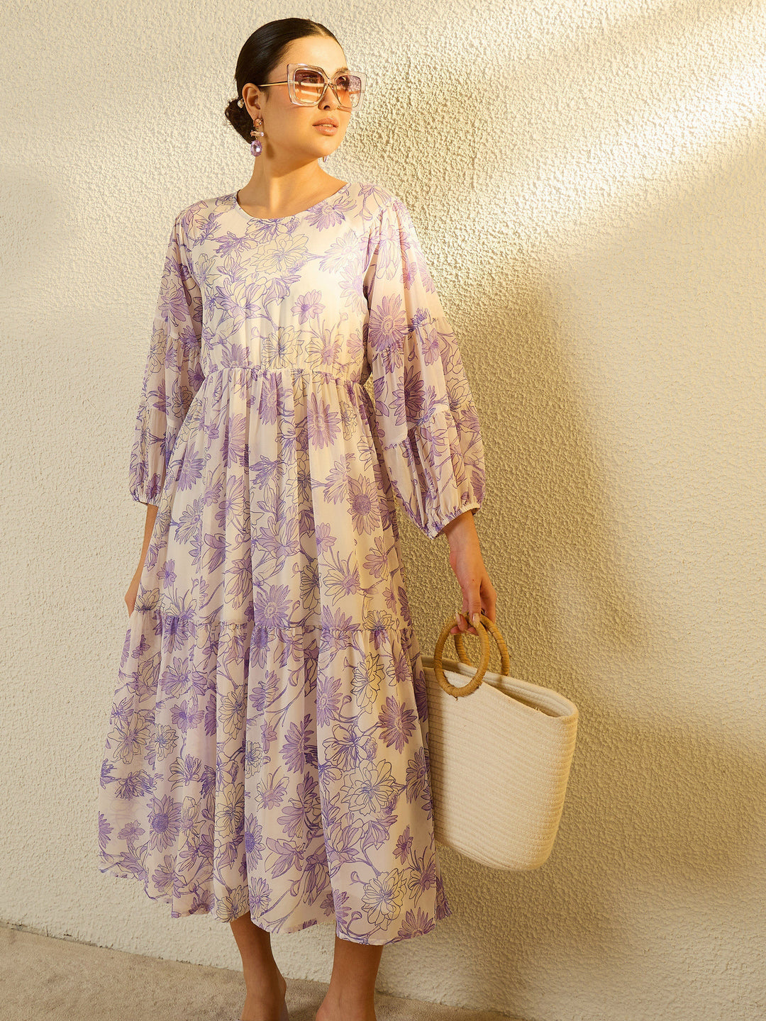 Women White Floral Round Neck Balloon Sleeve Midi Dress