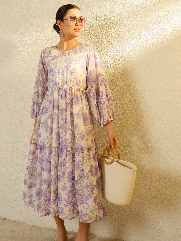 Women White Floral Round Neck Balloon Sleeve Midi Dress