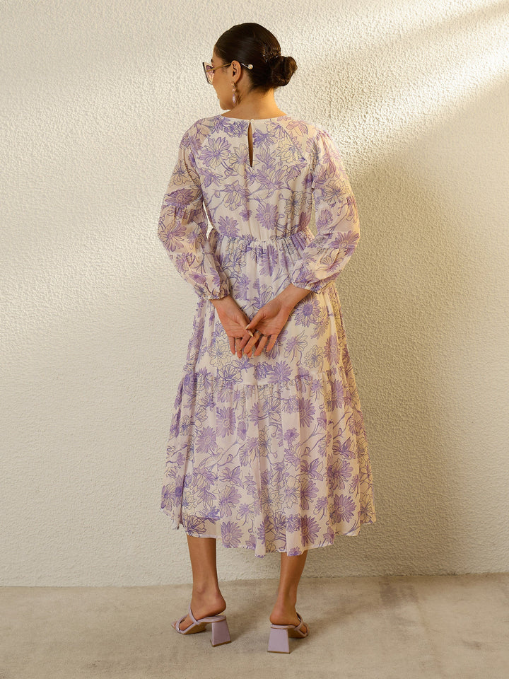 Women White Floral Round Neck Balloon Sleeve Midi Dress