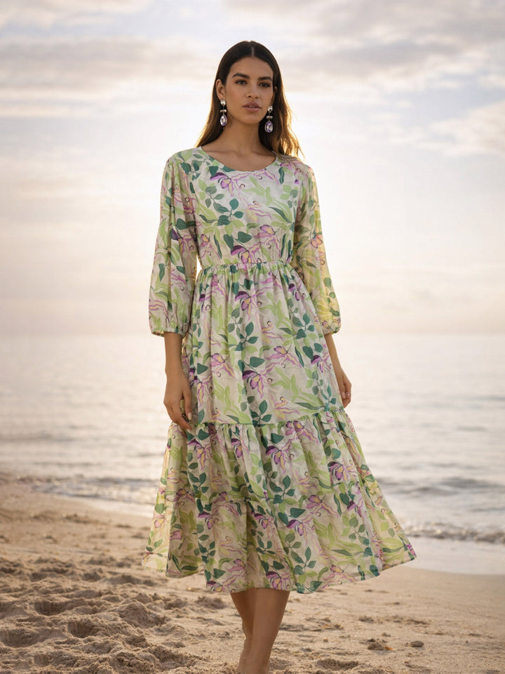 Women Off White Floral Round Neck Balloon Sleeve Midi Dress