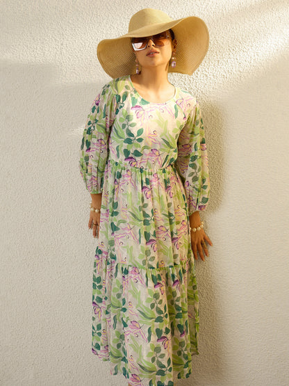 Women Off White Floral Round Neck Balloon Sleeve Midi Dress