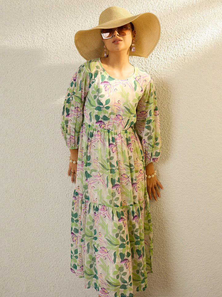 Women Off White Floral Round Neck Balloon Sleeve Midi Dress
