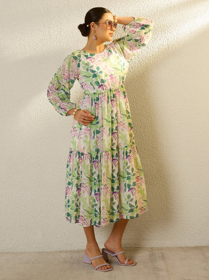 Women Off White Floral Round Neck Balloon Sleeve Midi Dress