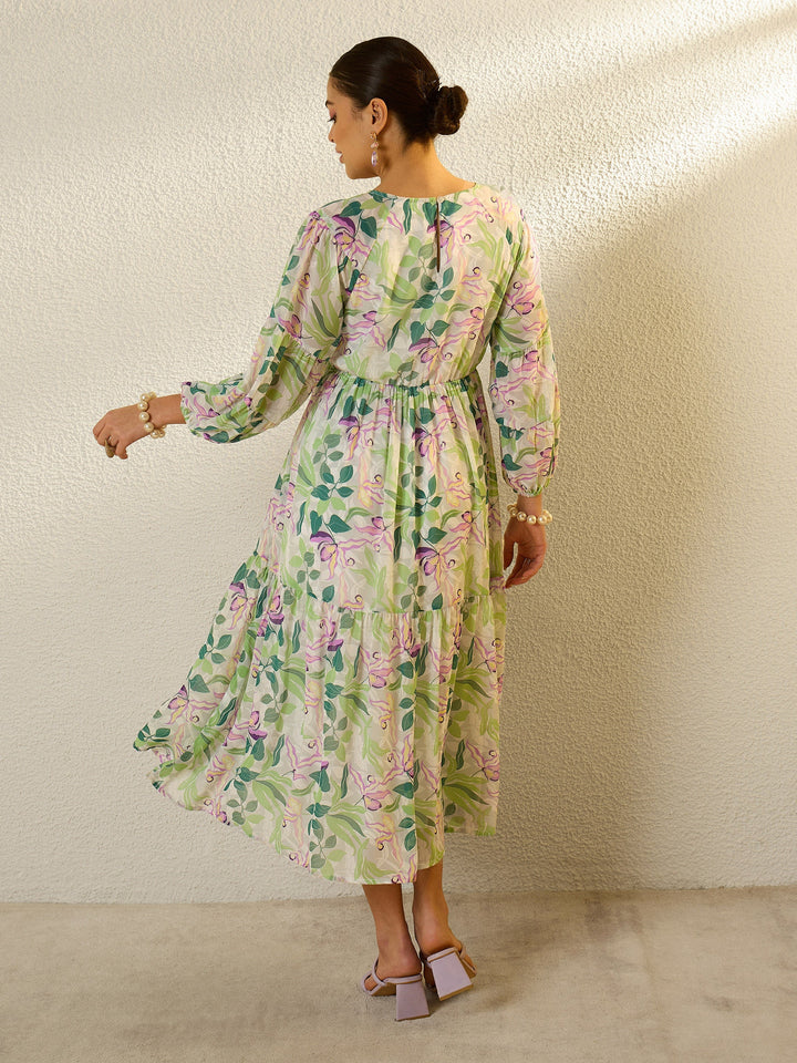 Women Off White Floral Round Neck Balloon Sleeve Midi Dress