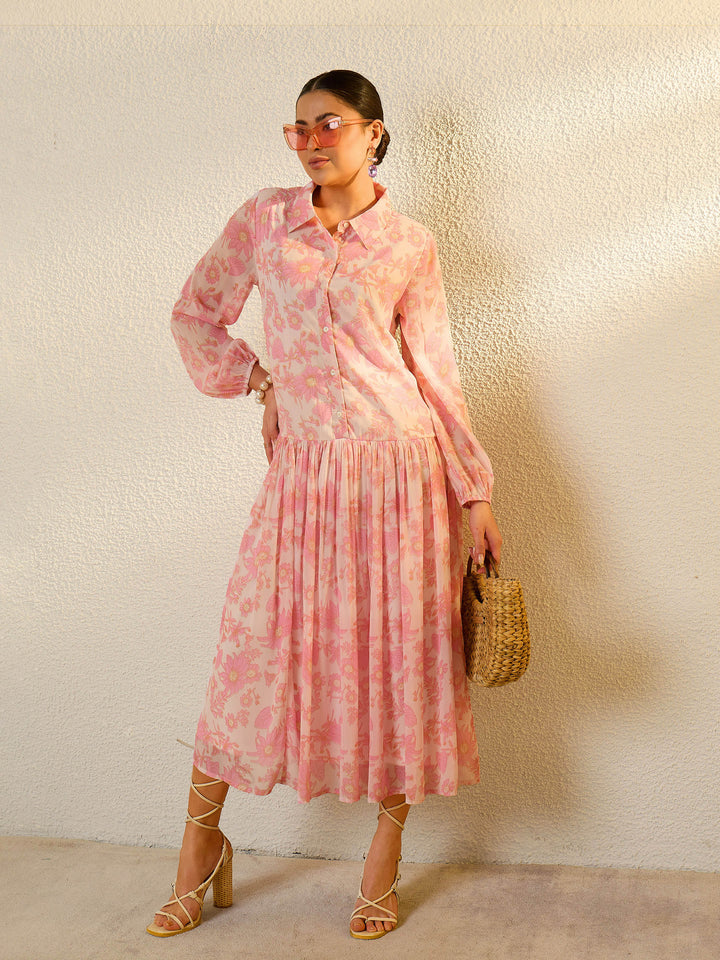 Women White &amp; Pink Floral Front Button Down Midi Dress